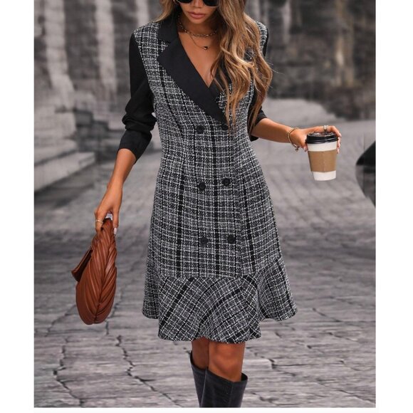 Plaid Double Breasted Ruffle Hem Dress Black - Picture 4 of 8